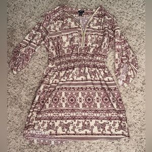 Maroon and tan dress with elephants